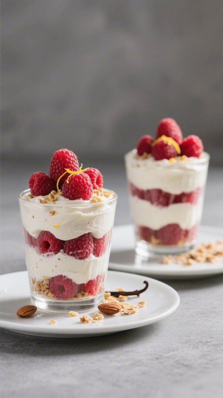 Final dish presentation: Two finished Raspberry Cream Keto Parfaits styled for serving—tall clear