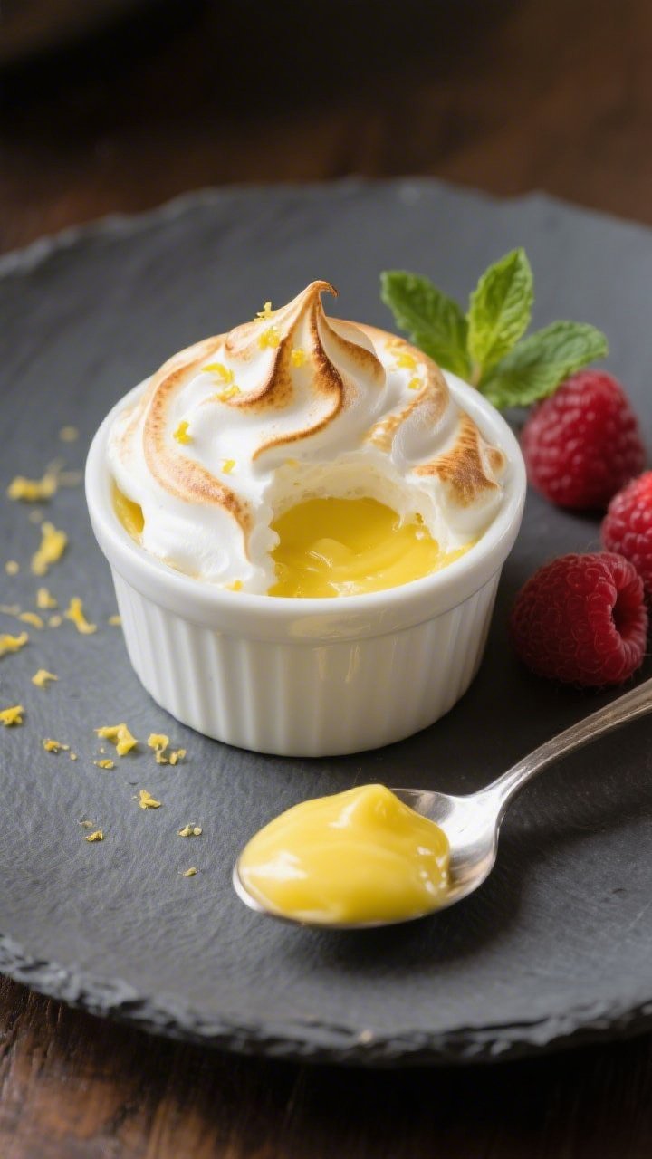 Final plated dish: Beautifully presented Keto Lemon Meringue Cup served in a white porcelain ramekin