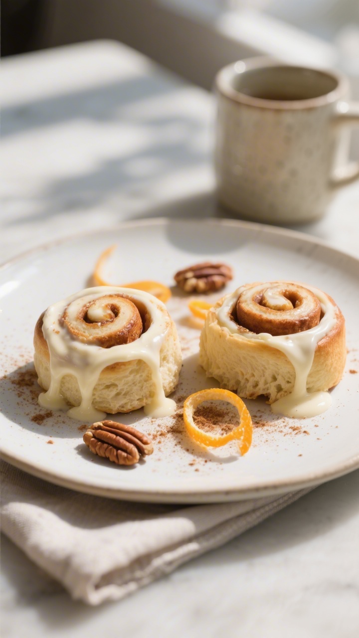 Final plated dish: Restaurant-quality presentation of two keto cinnamon rolls on a matte white plate