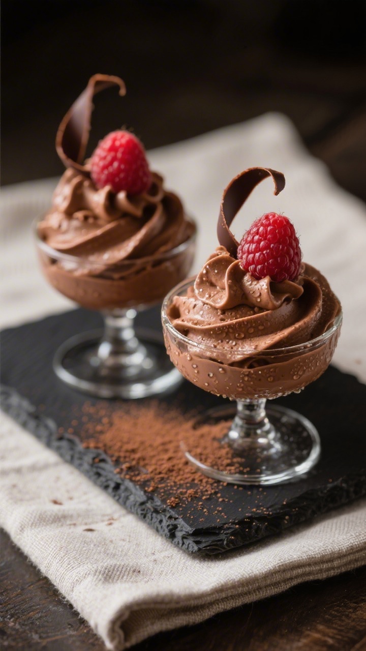 Final plated dish: Restaurant-quality presentation of keto chocolate mousse piped into two petite co