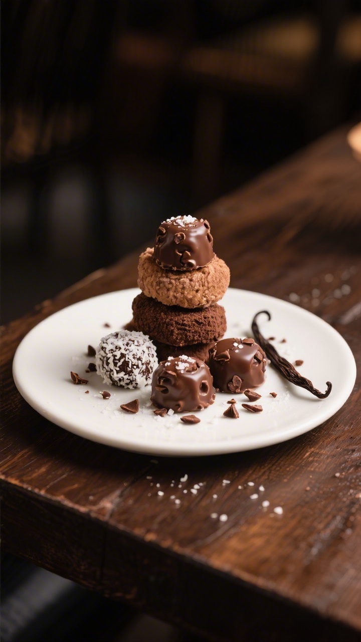 Final plated presentation: elegant arrangement of assorted Double Chocolate Keto Fat Bombs (smooth c