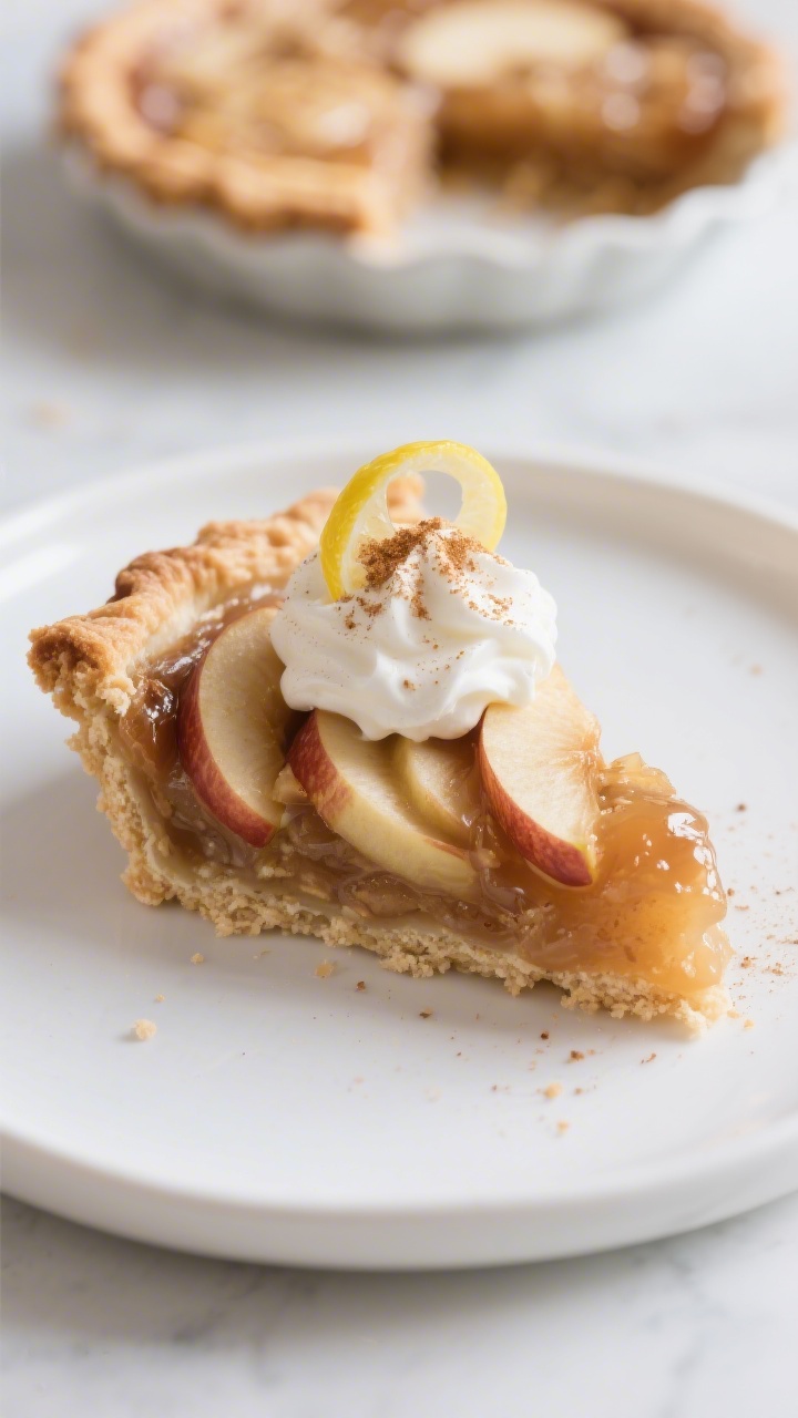Final plated slice: Close-up of a warm slice of keto “apple” pie on a white ceramic plate, flaky