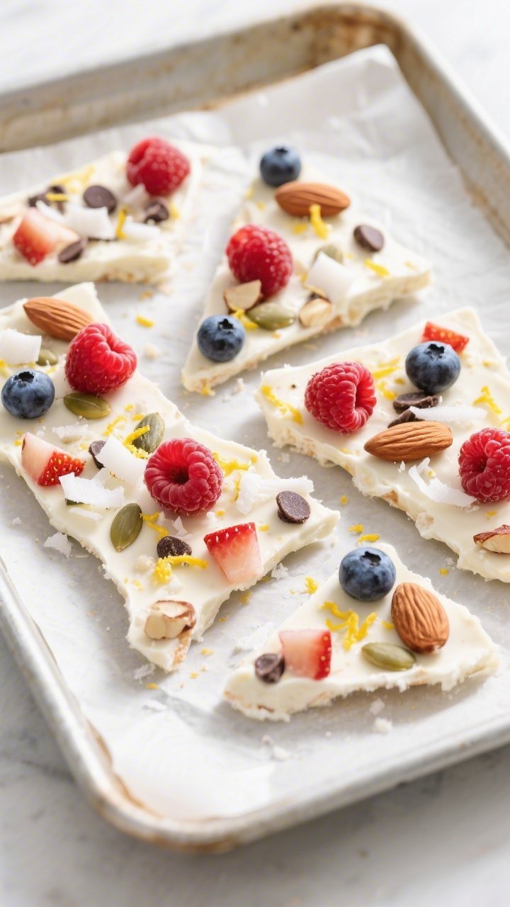 Overhead shot of keto frozen yogurt bark just set on a parchment-lined baking sheet, thin 1/4-inch l