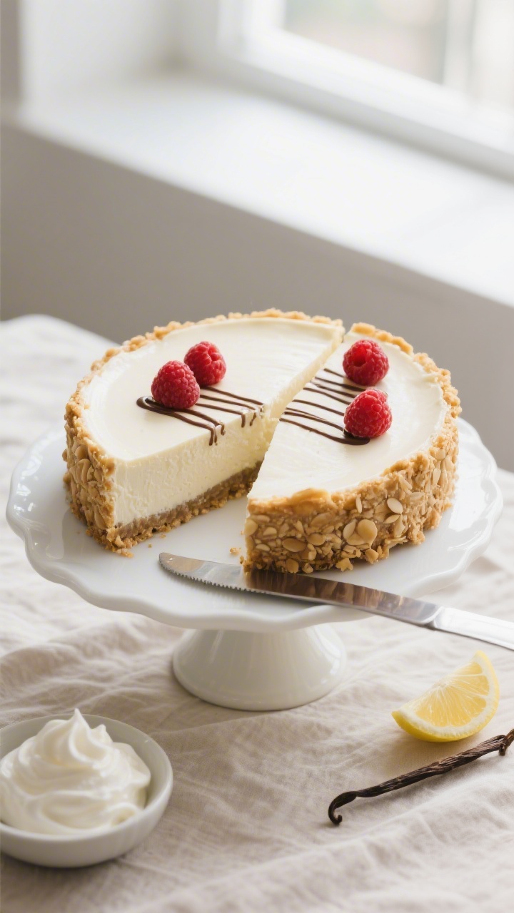 Overhead “tasty top view” shot: Fully chilled and sliced keto cheesecake on a white ceramic cake