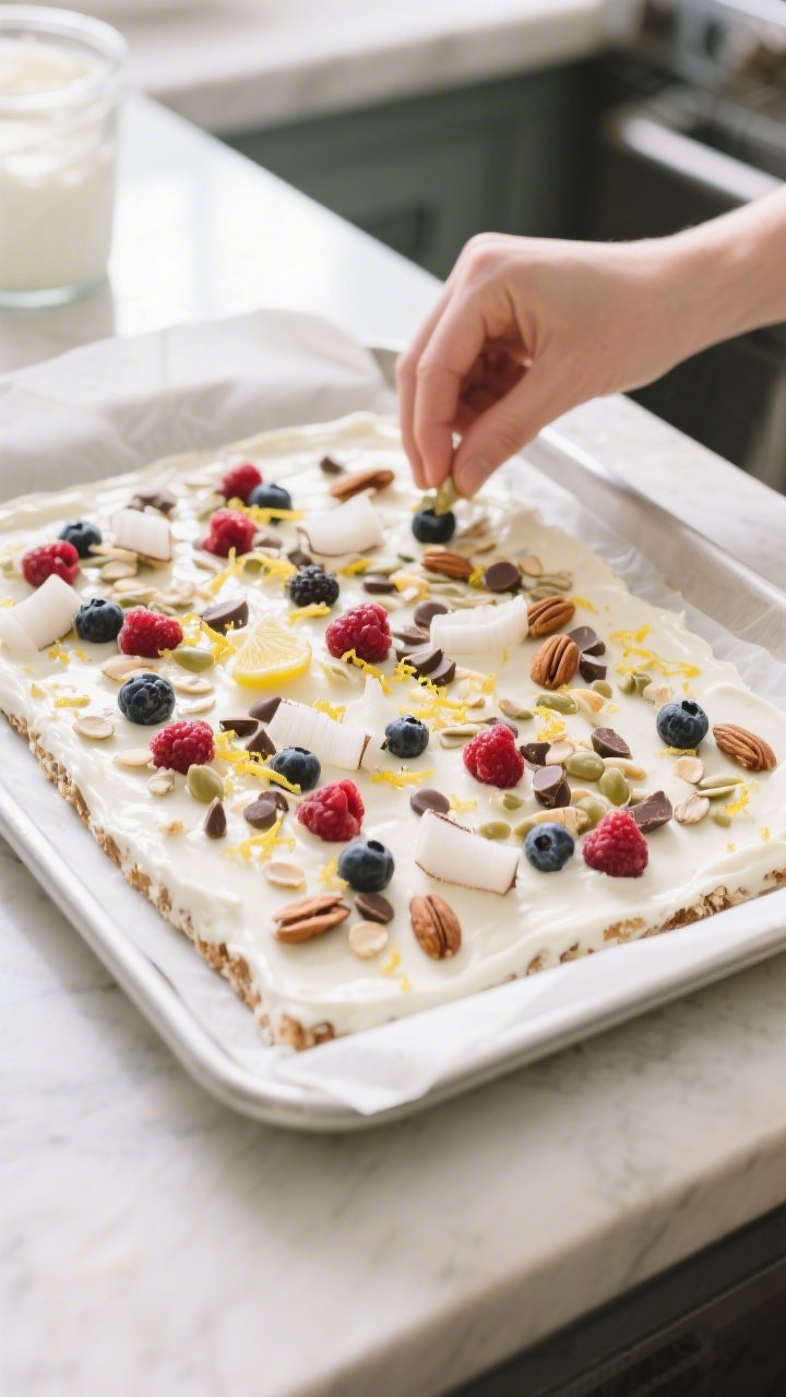 Process-action scene: the yogurt mixture freshly spread in an even 1/4-inch layer on a rimmed 9x13 p