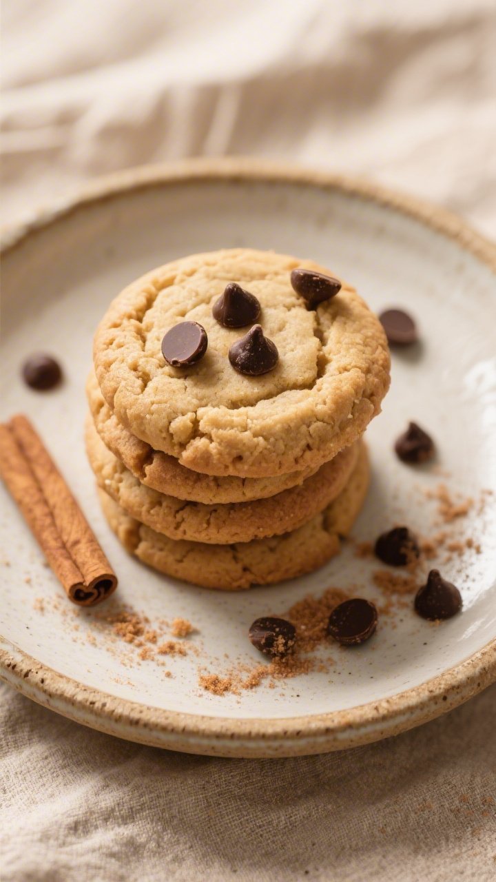 Tasty top view: Overhead shot of a rustic ceramic plate stacked with small almond butter keto cookie