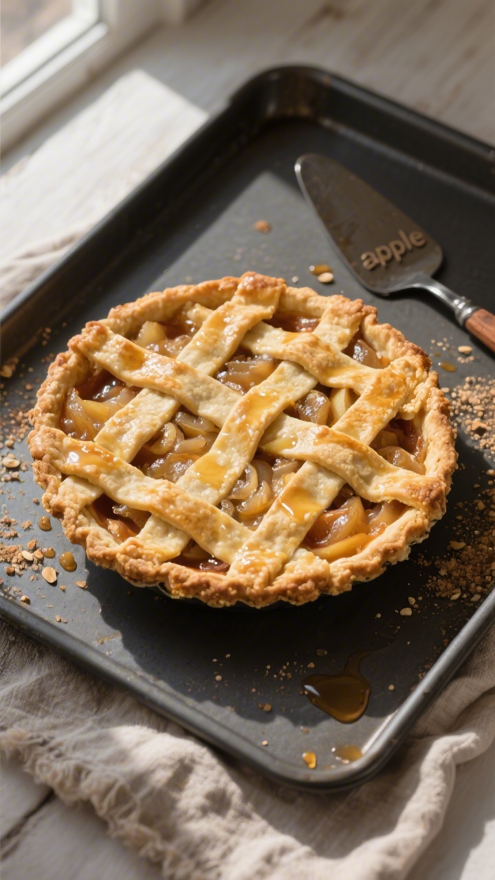 Tasty top view: Overhead shot of a whole baked keto “apple” pie with a golden almond flour crust