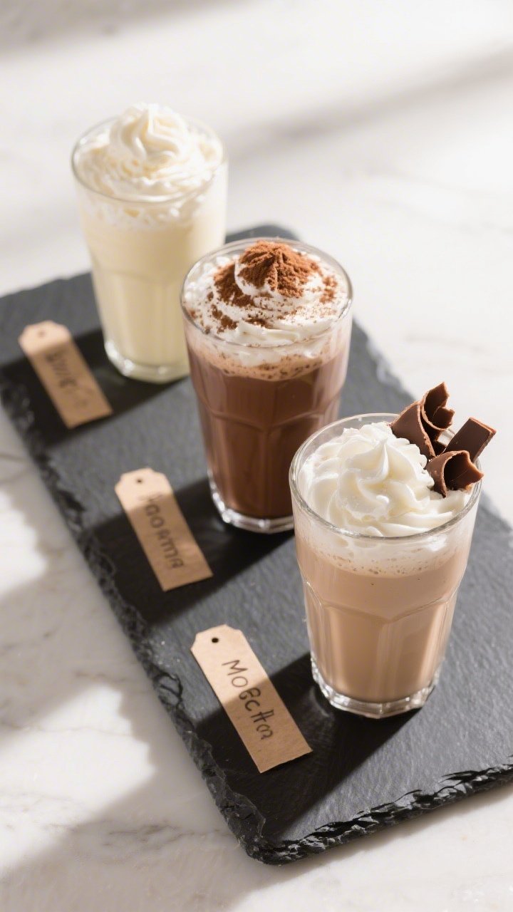 Tasty top view: Overhead shot of three variations of the prepared keto milkshake for flavor inspirat