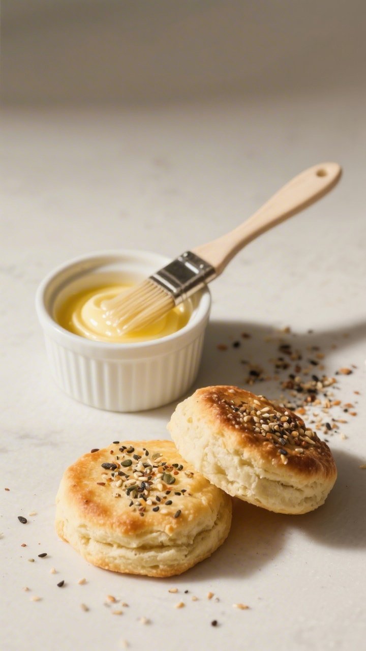 25 inches thick), a small ramekin of melted butter with a pastry brush nearby, a sprinkle of everyth