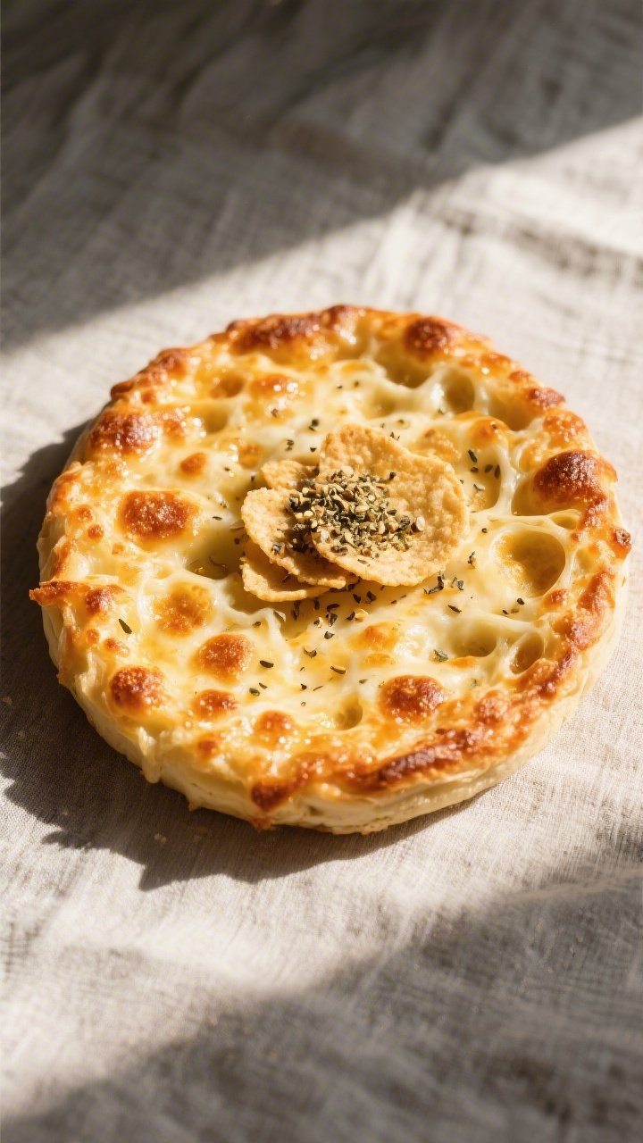 5 inch round showcasing uniform browning and bubbled, airy cheese webs; a small pinch of extra every