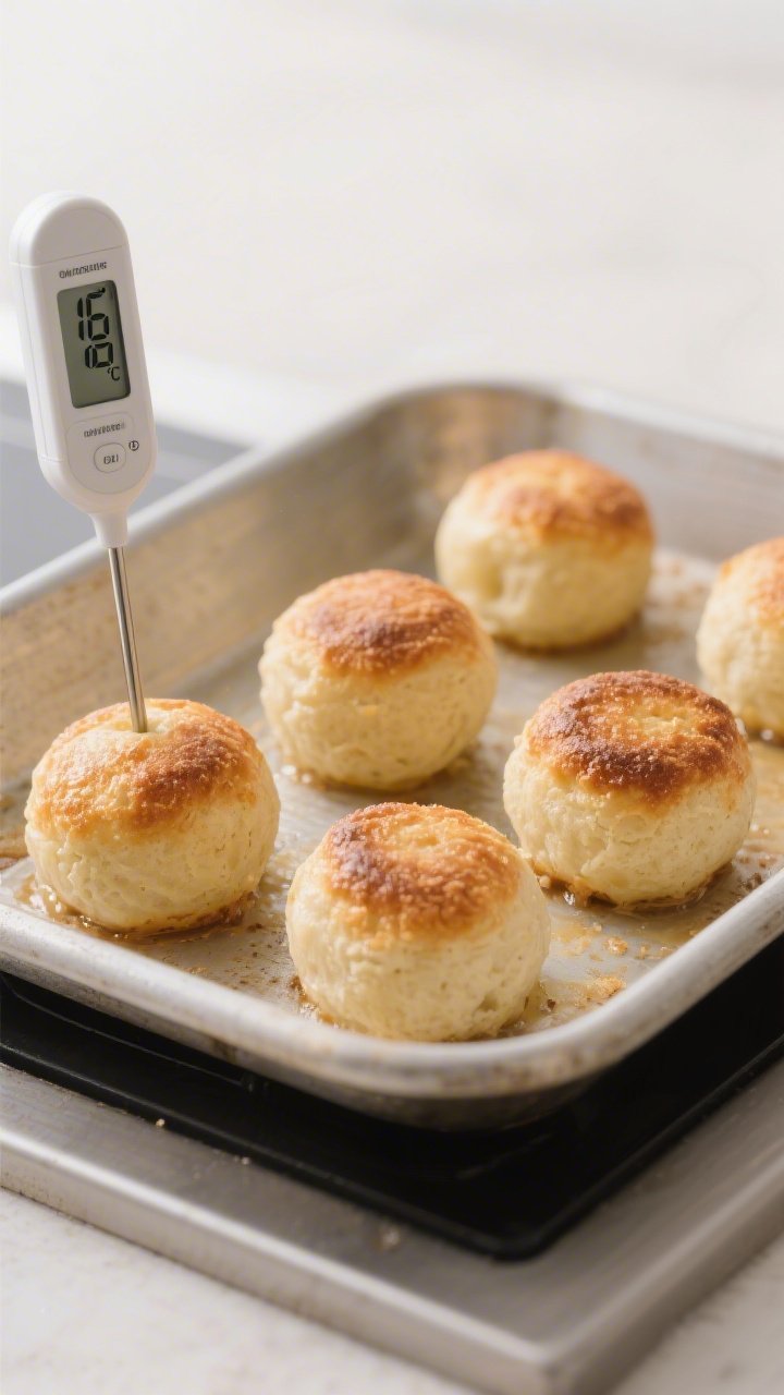 5 tbsp each), a light golden crust forming while centers remain moist; a digital thermometer reading