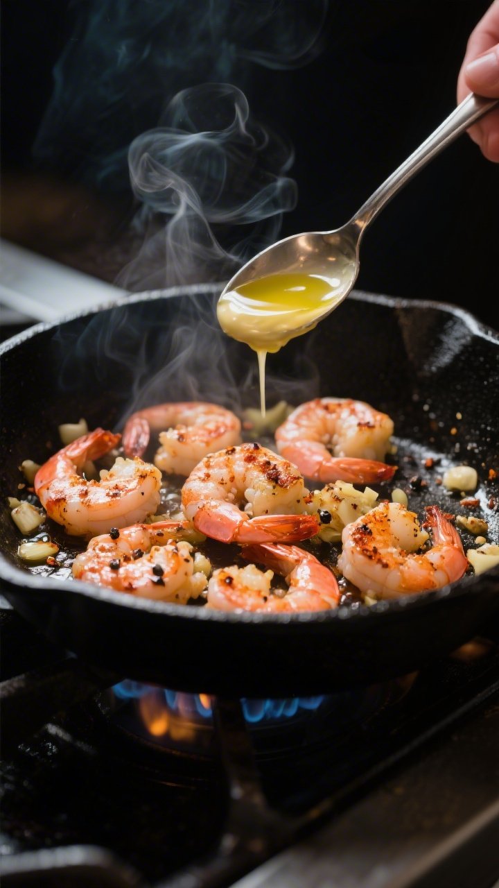 Close-up action shot: Searing buffalo-seasoned shrimp in a black cast-iron skillet over medium-high 