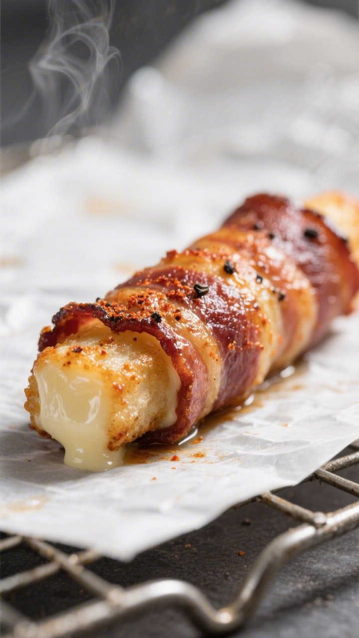 Close-up detail: A bacon-wrapped mozzarella cheese stick just out of the air fryer, bacon deeply cri