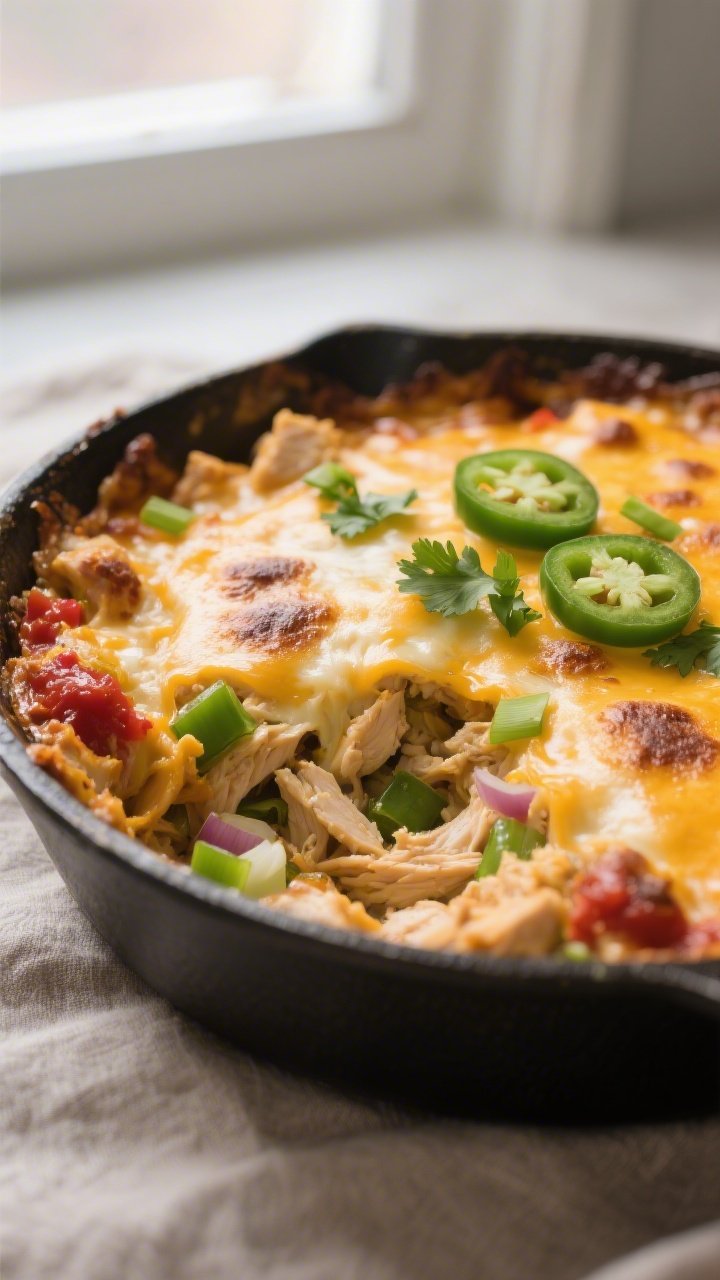 Close-up detail: A bubbling Cheesy Keto Taco Chicken Casserole just pulled from the oven, cheese lay