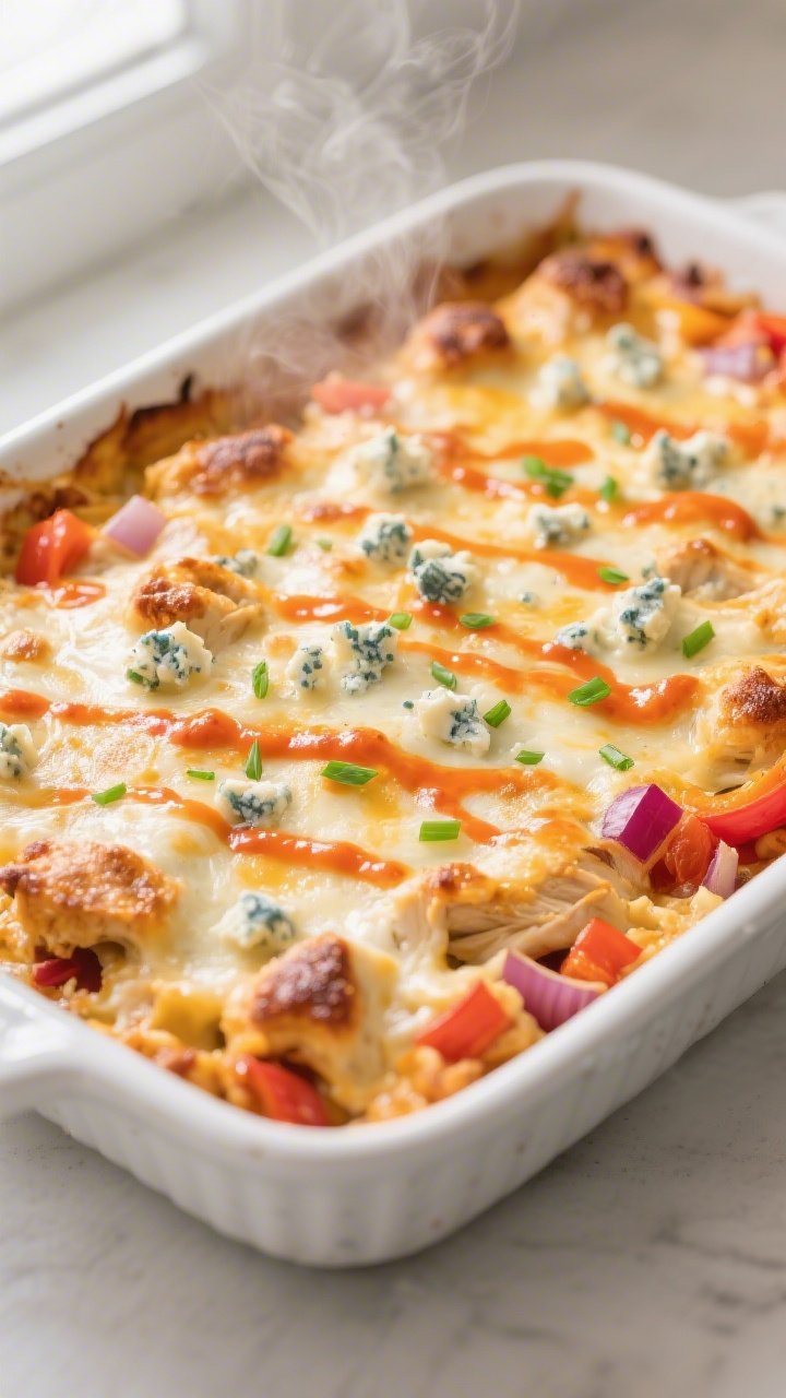 Close-up detail: A bubbling, just-baked Low Carb Buffalo Chicken Ranch Casserole in a 9x13 white cer