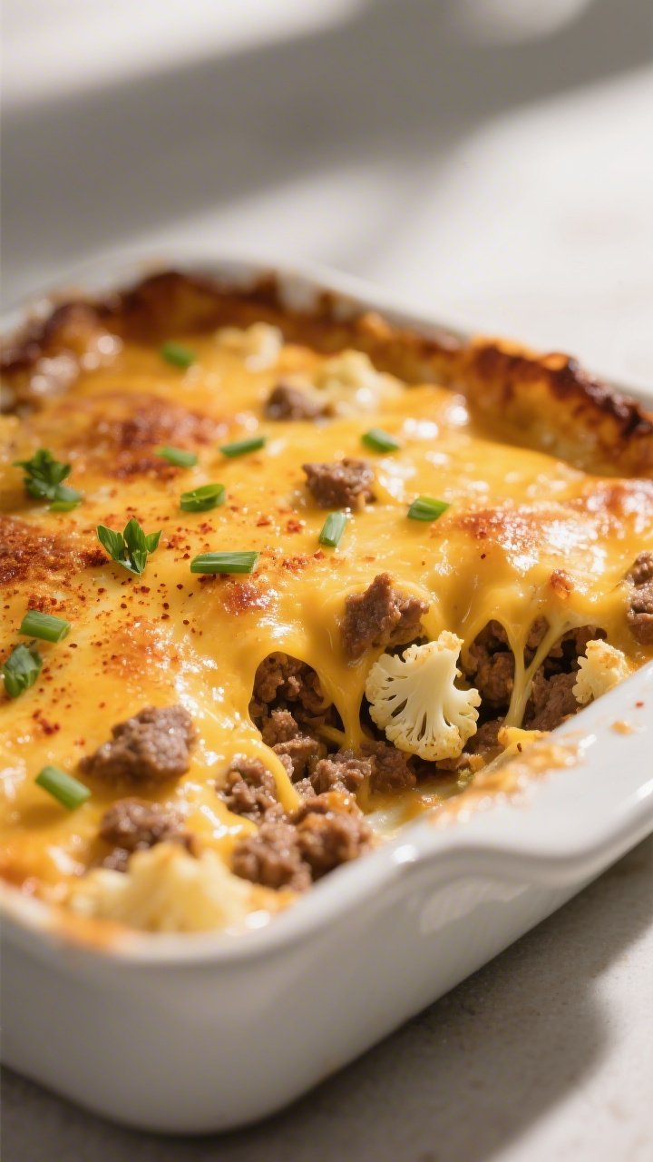 Close-up detail: A bubbling keto ground beef cauliflower casserole just out of the oven, extreme clo