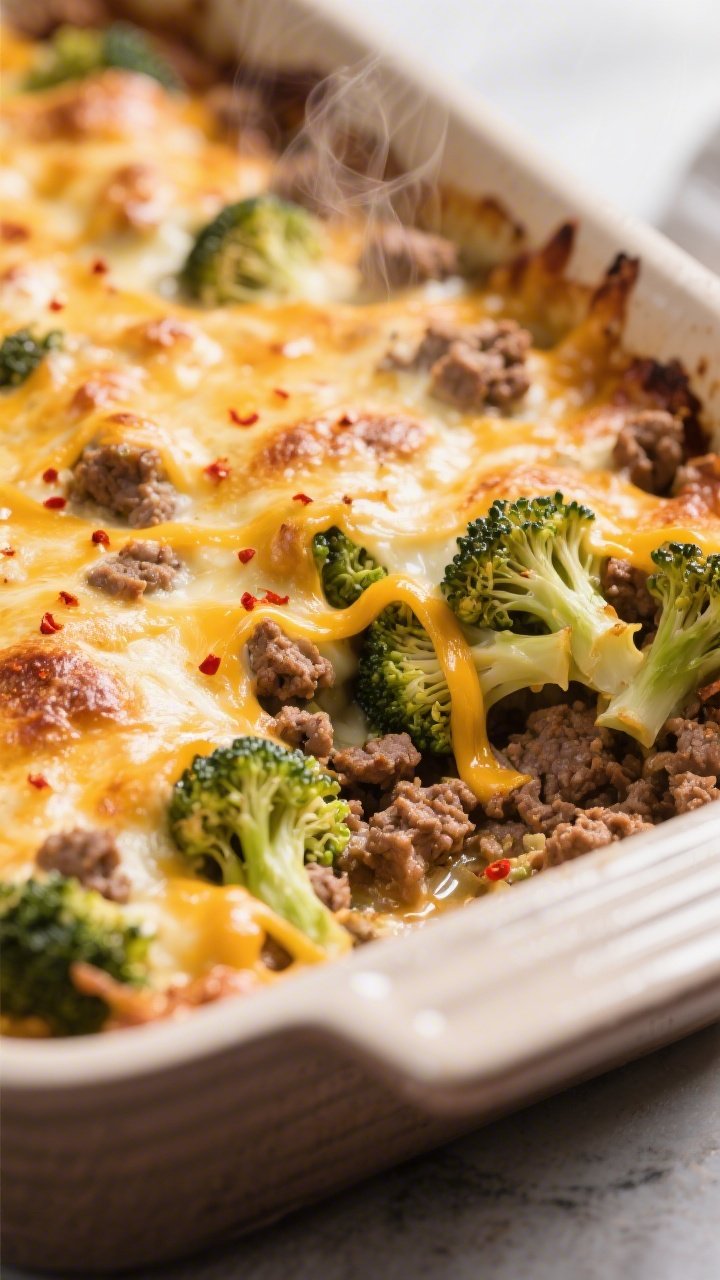 Close-up detail: A bubbling keto ground beef cheesy broccoli bake just pulled from the oven, tight m