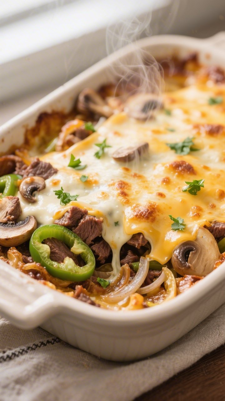 Close-up detail: A bubbling Keto Philly Cheesesteak Casserole just out of the oven, focus on melty p