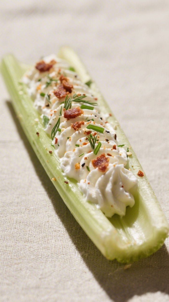 Close-up detail: A celery boat freshly filled with a whipped cream cheese mixture piped cleanly down