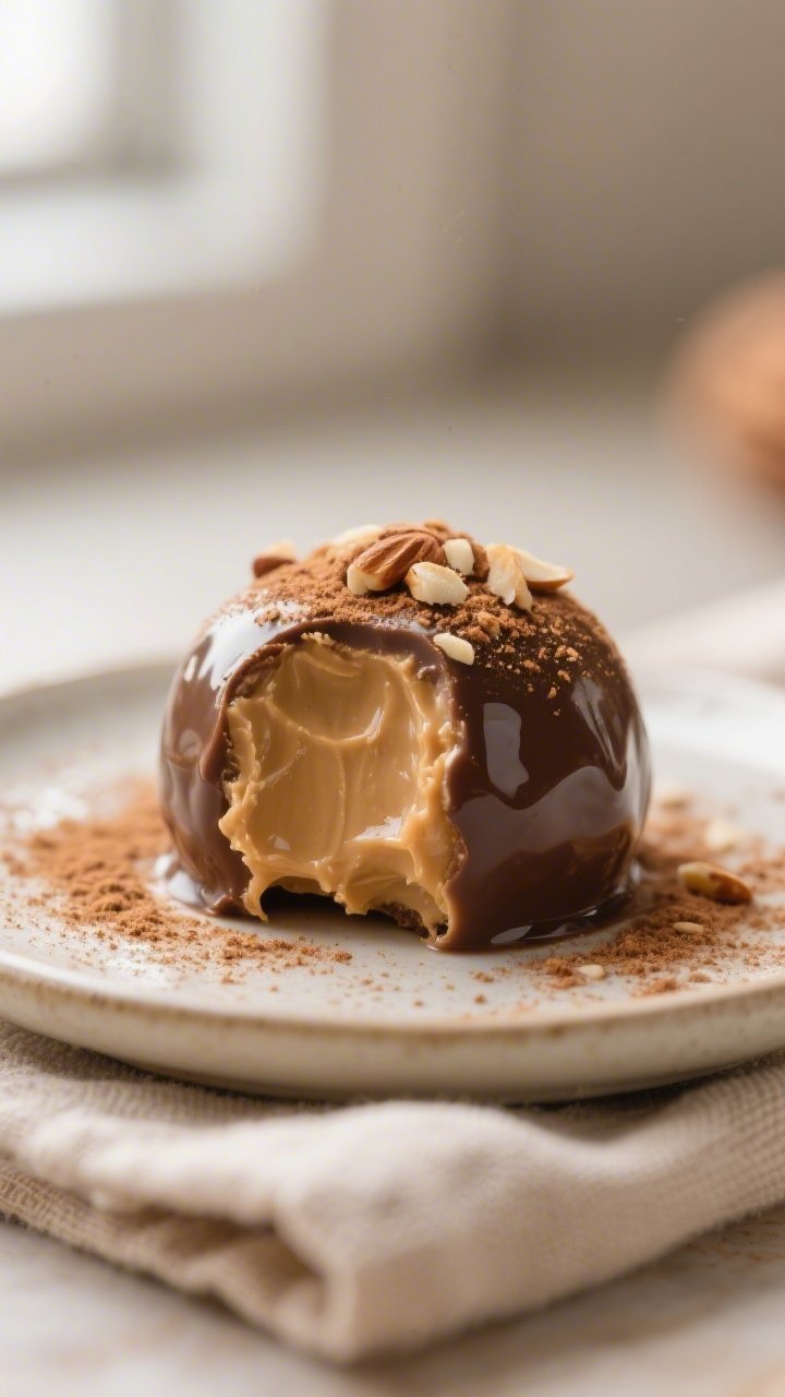 Close-up detail: A chilled Keto Cinnamon Almond Butter Fat Bomb with a glossy, truffle-like surface,