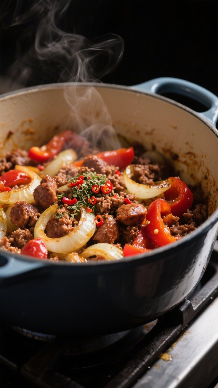 Close-up detail: A Dutch oven on the stovetop with browned crumbled Italian sausage nestled among sa