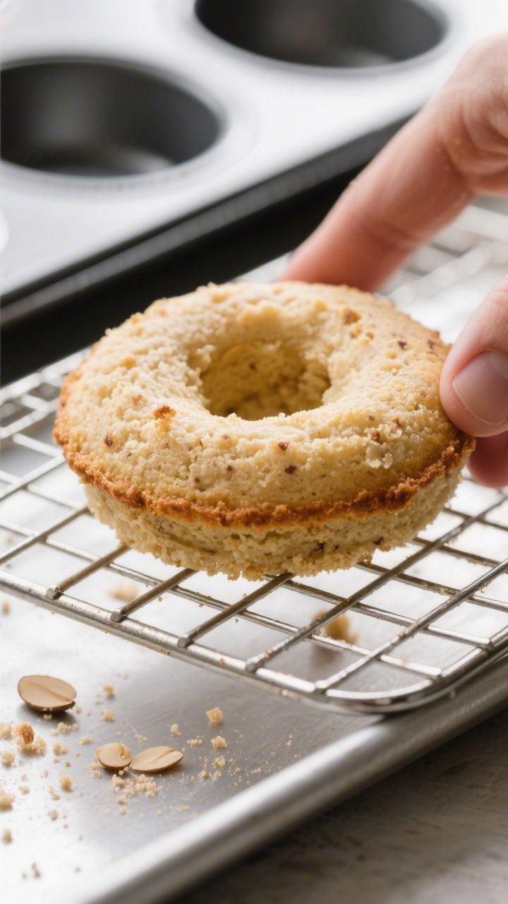 Close-up detail: A freshly baked keto donut just lifted from a nonstick donut pan onto a wire coolin