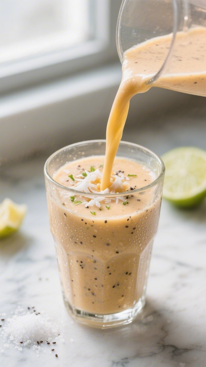 Close-up detail: A freshly blended Tropical Mango Keto Protein Smoothie being poured in a silky ribb