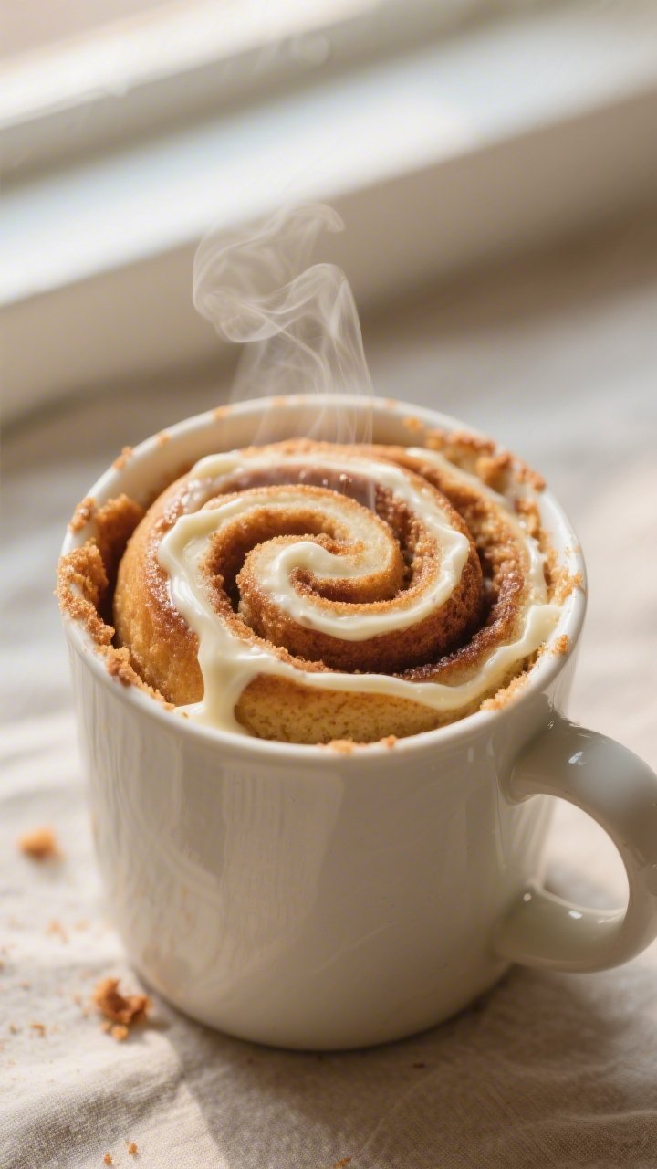 Close-up detail: A freshly microwaved cinnamon roll mug cake in a 12–14 oz ceramic mug, showing a 