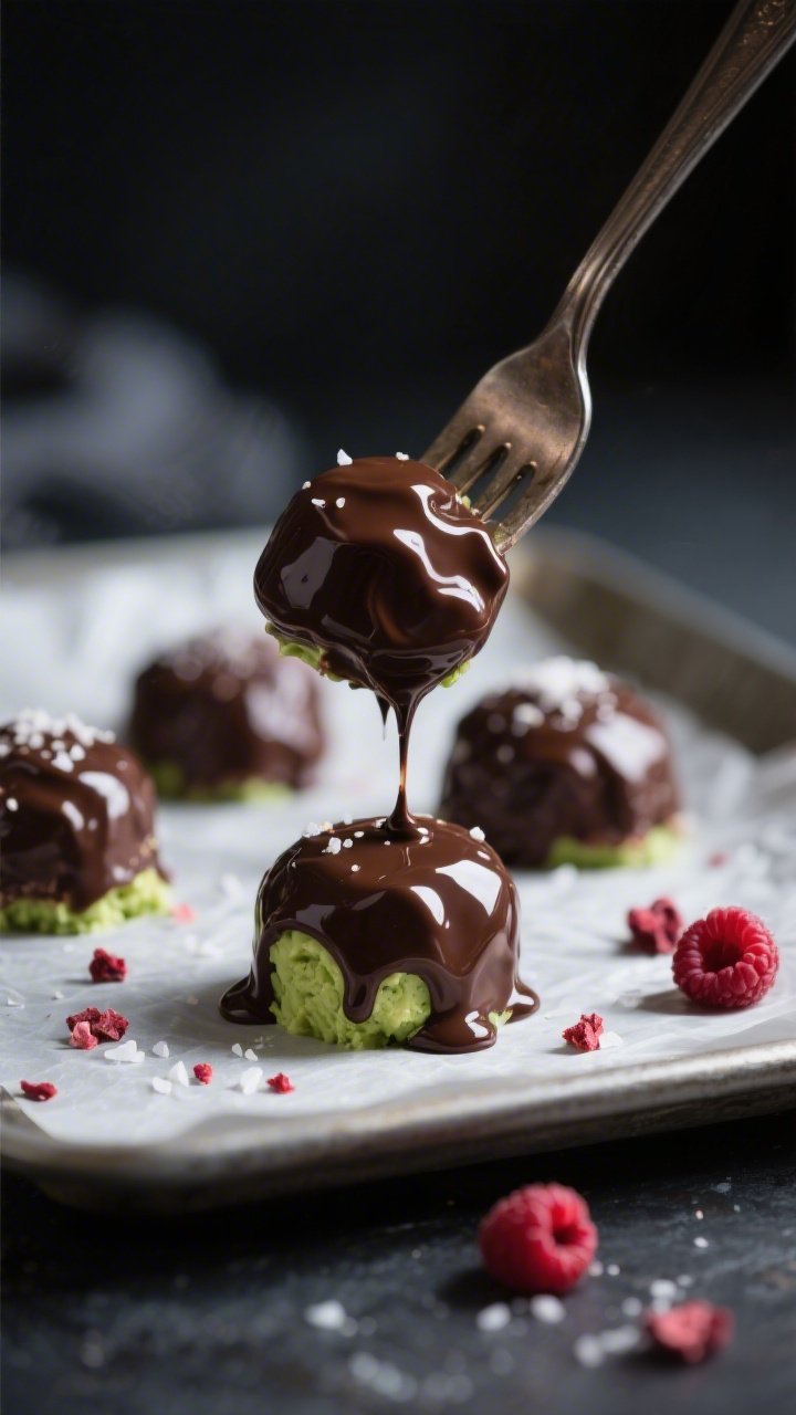 Close-up detail: A glossy Keto Chocolate Avocado Mousse Bite freshly dipped in melted sugar-free dar