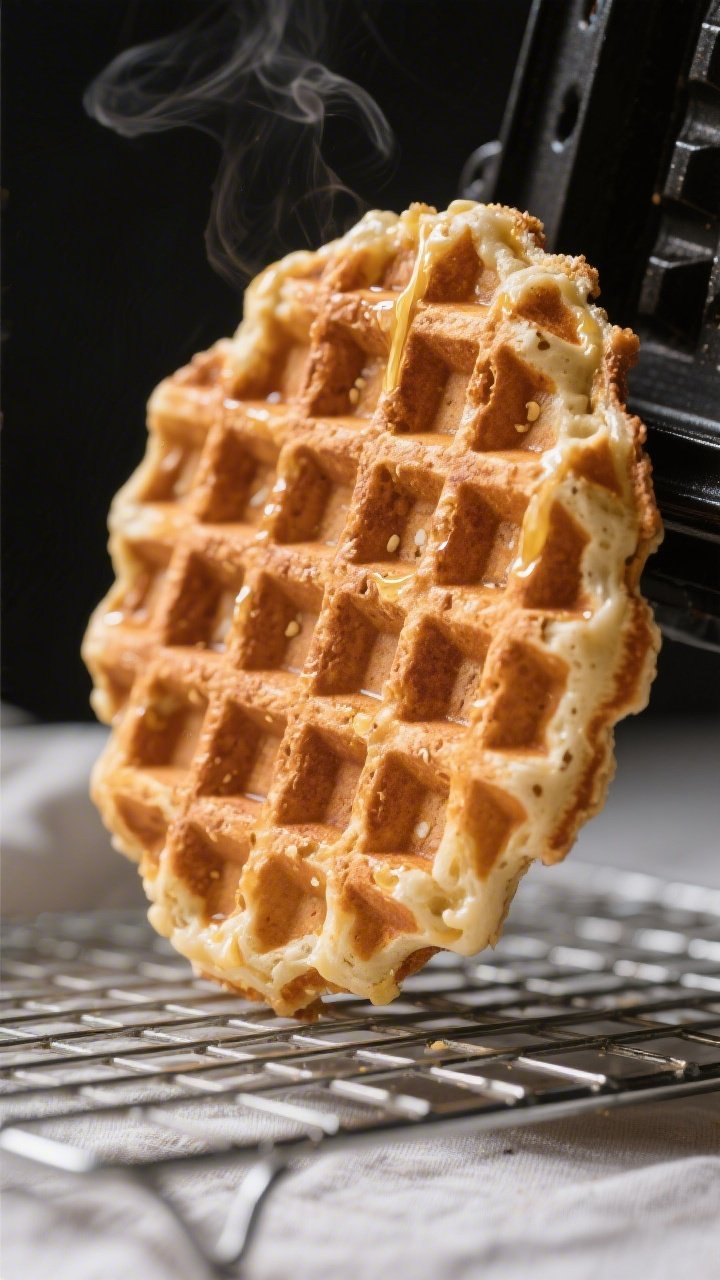 Close-up detail: A golden-brown keto waffle just lifted from a waffle iron, edges visibly crisp with