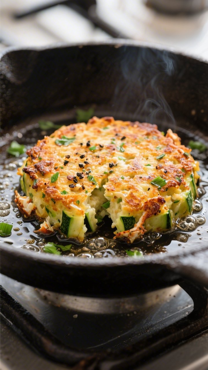 Close-up detail: A golden-brown keto zucchini crab cake searing in a well-seasoned cast-iron skillet