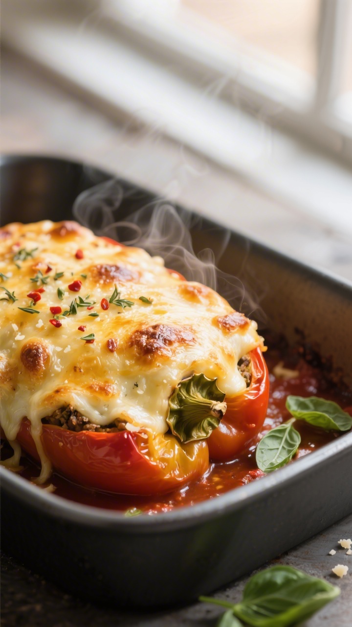 Close-up detail: A golden, bubbly cap of melted mozzarella and Parmesan on top of a just-baked Keto 