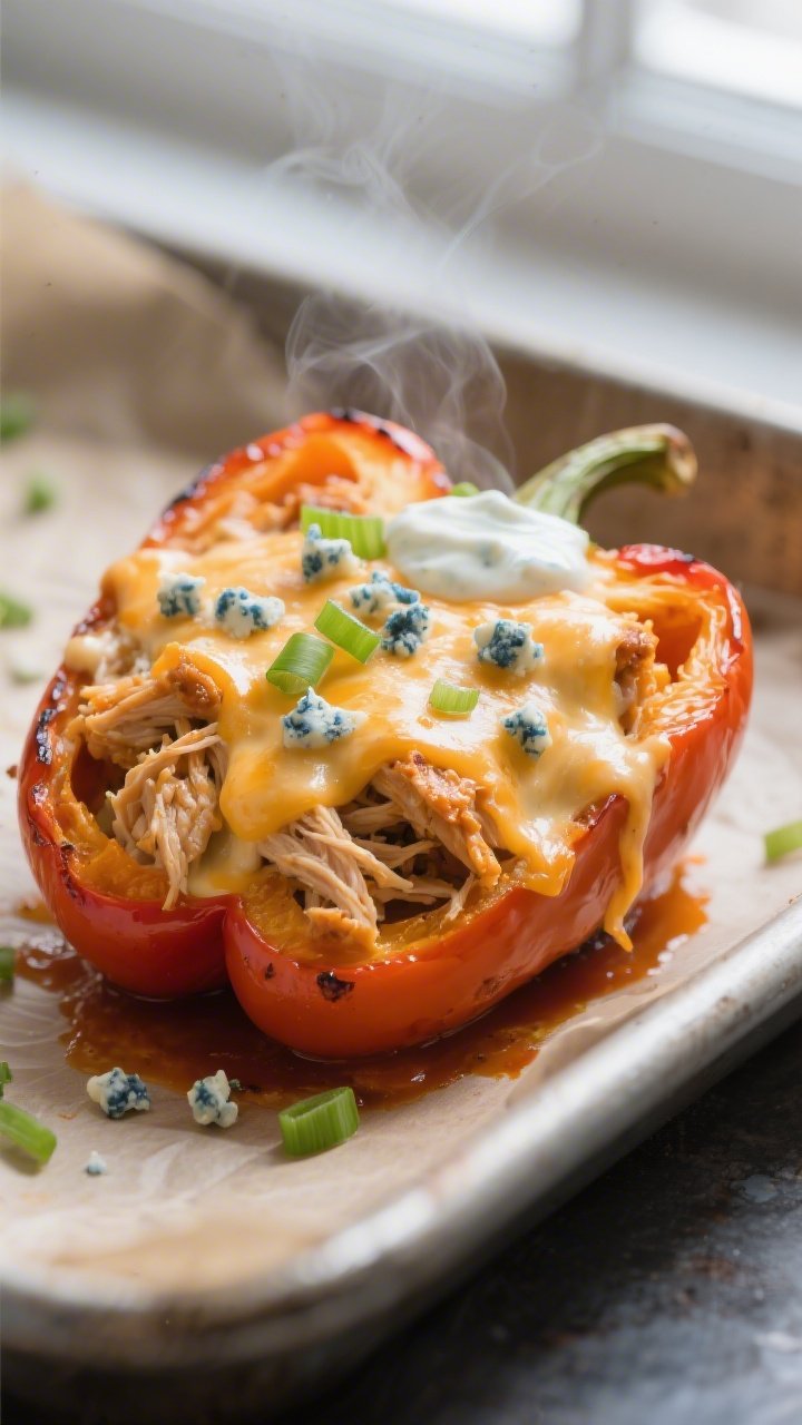 Close-up detail: A halved bell pepper just out of the oven, generously stuffed with creamy buffalo c