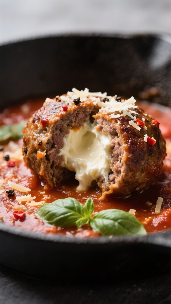Close-up detail: A halved keto ricotta-stuffed meatball just out of the oven, oozing silky ricotta-p