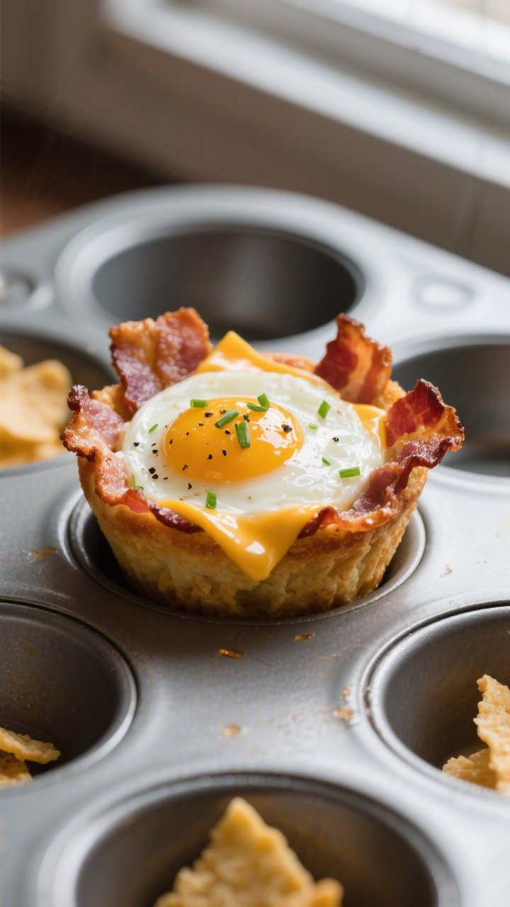 Close-up detail: A just-baked bacon and egg breakfast cup lifted from a muffin tin, showing thick-cu