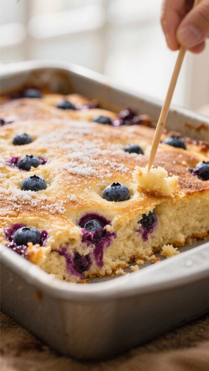 Close-up detail: A just-baked Blueberry Pancake Bake in a 9x13 pan, golden top with a light sugared 