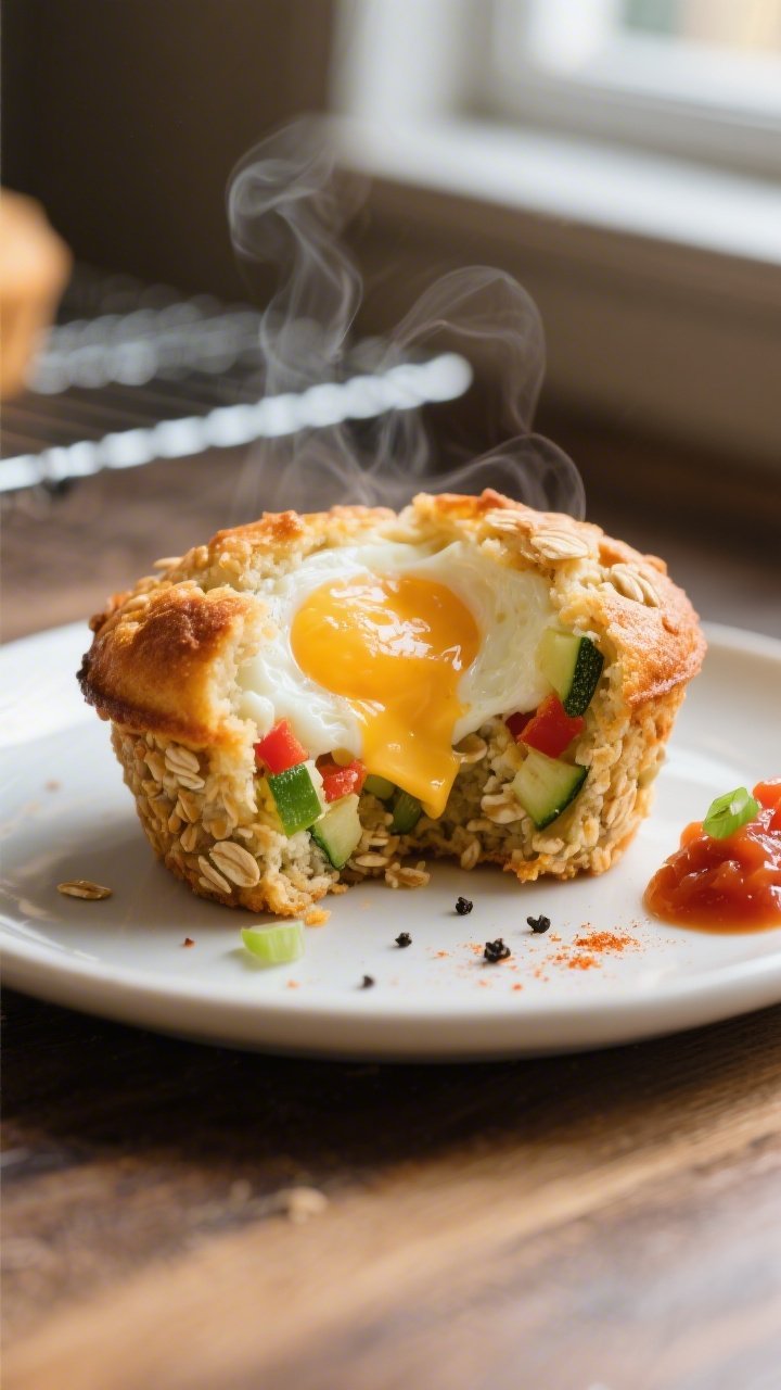 Close-up detail, : A just-baked breakfast muffin split open to reveal a moist, custardy-egg interior