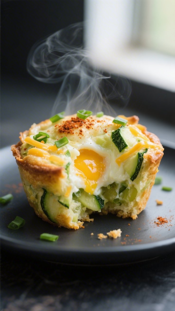 Close-up detail: A just-baked keto zucchini egg muffin torn open to reveal tender, custardy egg with
