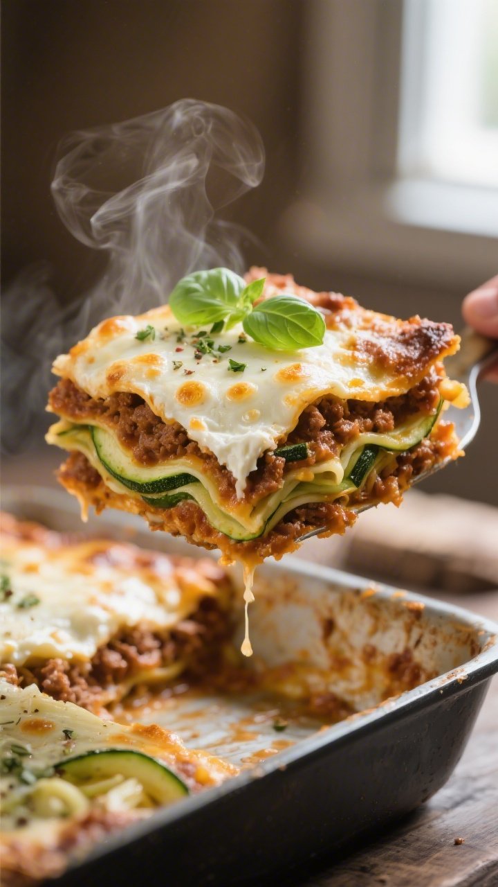 Close-up detail: A just-baked slice of keto zucchini lasagna being lifted from the pan, showing dist