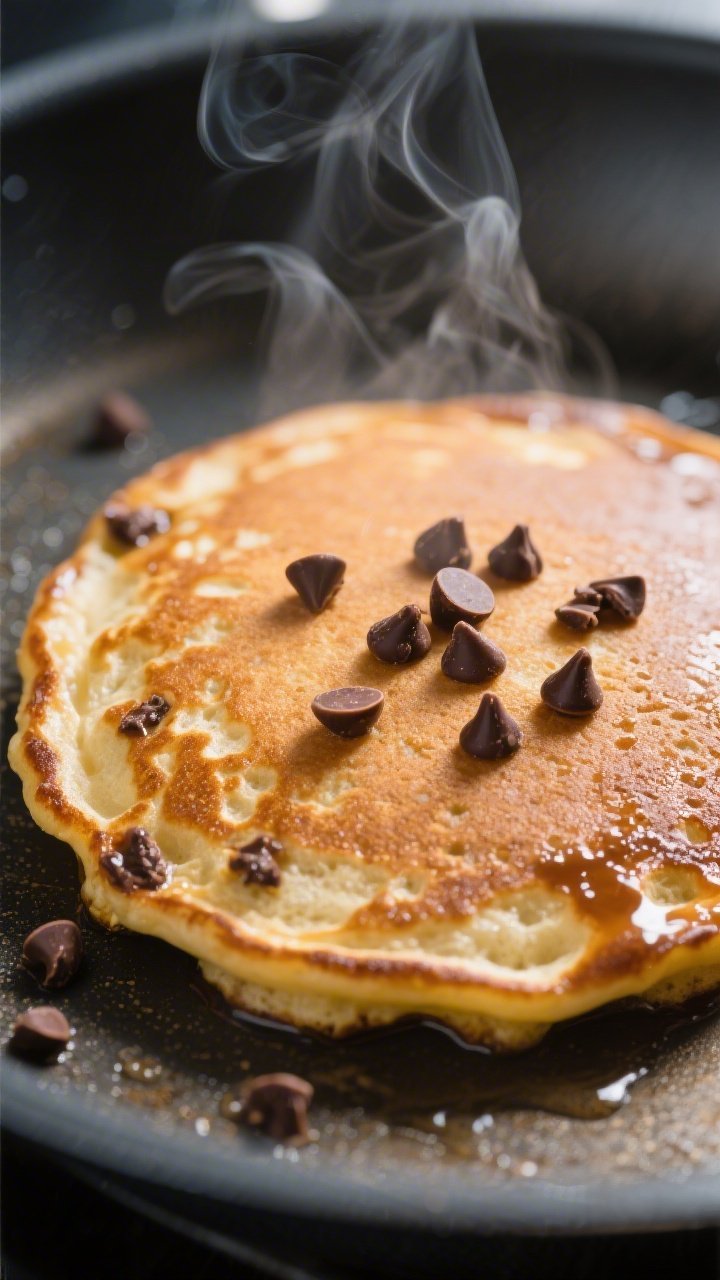 Close-up detail: A just-flipped chocolate chip pancake on a nonstick griddle, golden-brown surface w