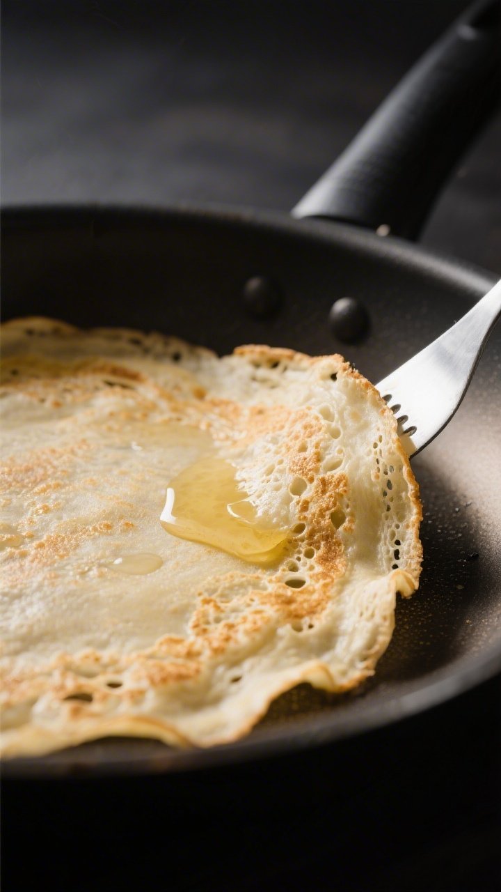 Close-up detail: A just-flipped crepe in a nonstick skillet, edges lifting and lightly spotty golden