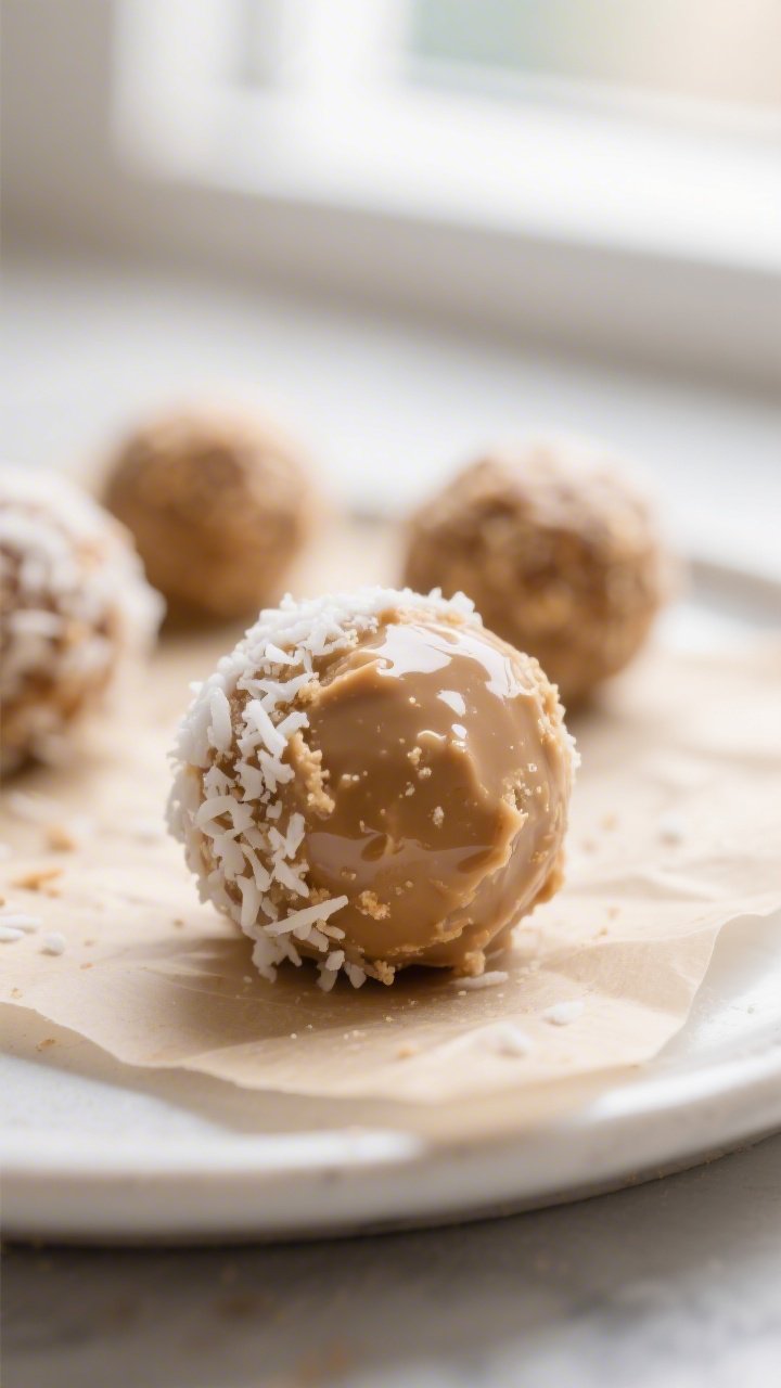 Close-up detail: A just-rolled keto peanut butter bliss ball, 1-inch, with a glossy, creamy surface 