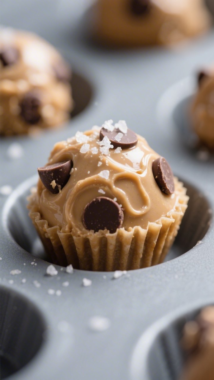 Close-up detail: A just-set keto peanut butter chocolate chip fat bomb popped from a silicone mini m