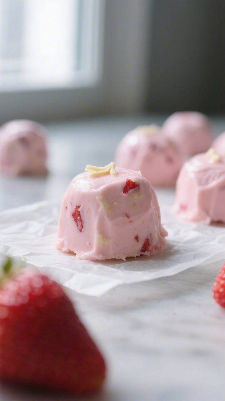 Close-up detail: A just-unmolded Keto Strawberry Cheesecake Fat Bomb held its shape and resting on p