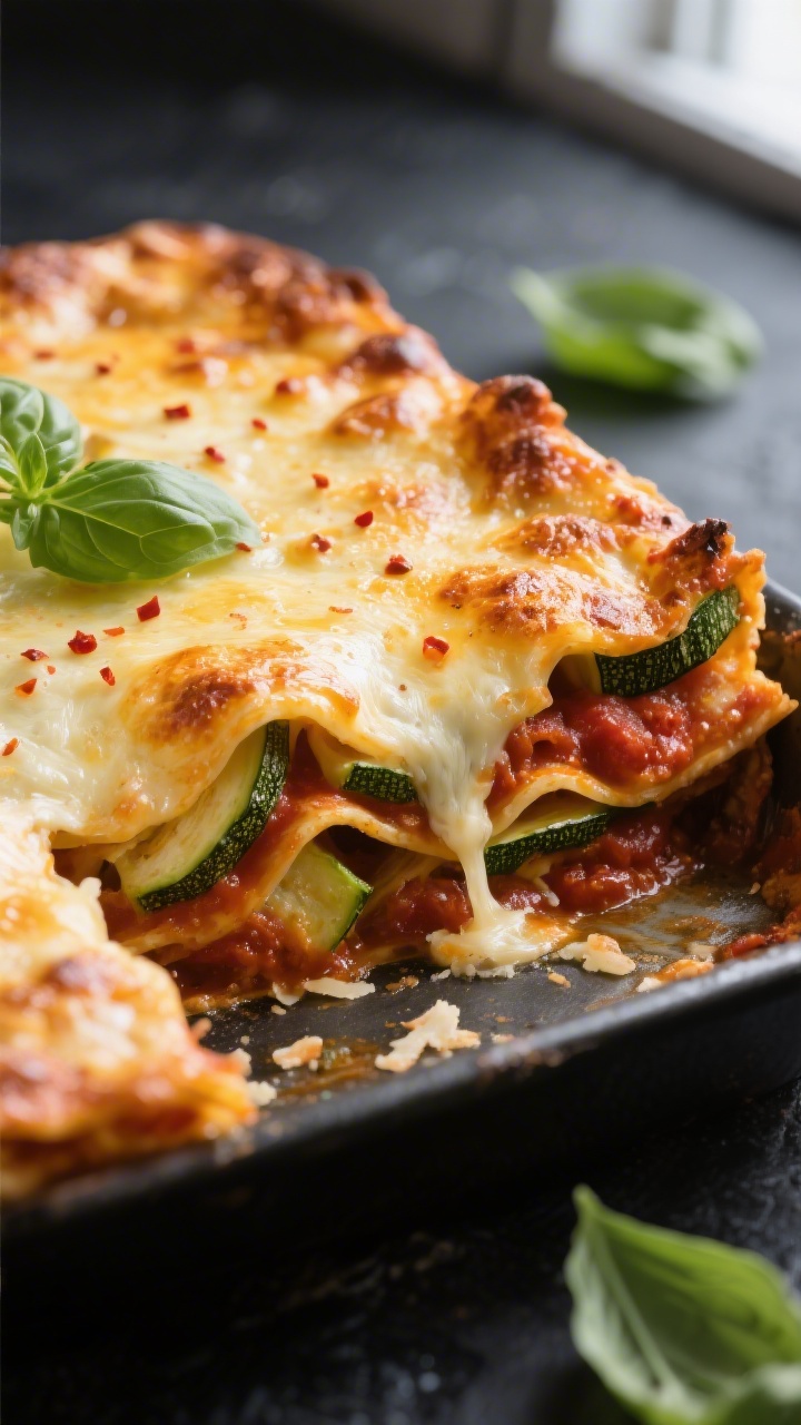 Close-up detail: A molten, golden-bubbly top of baked Keto Zucchini Lasagna just out of the oven—m
