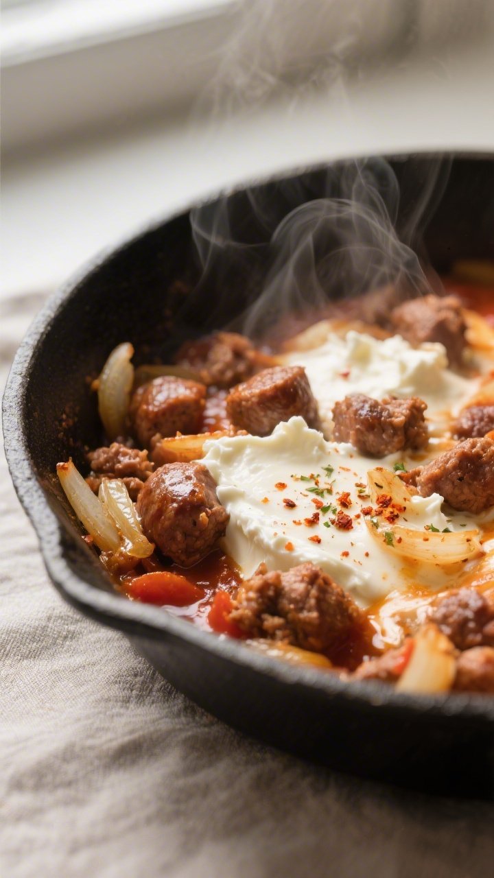 Close-up detail: A skillet shot of browned Italian sausage mixed with melted cream cheese and a touc