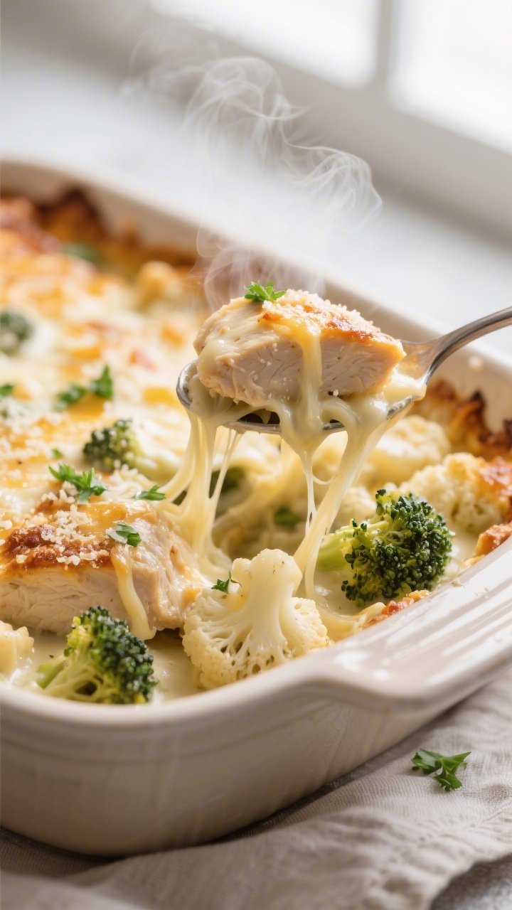 Close-up detail: A spoon scooping into the bubbling Keto Chicken Alfredo Bake just out of the oven, 