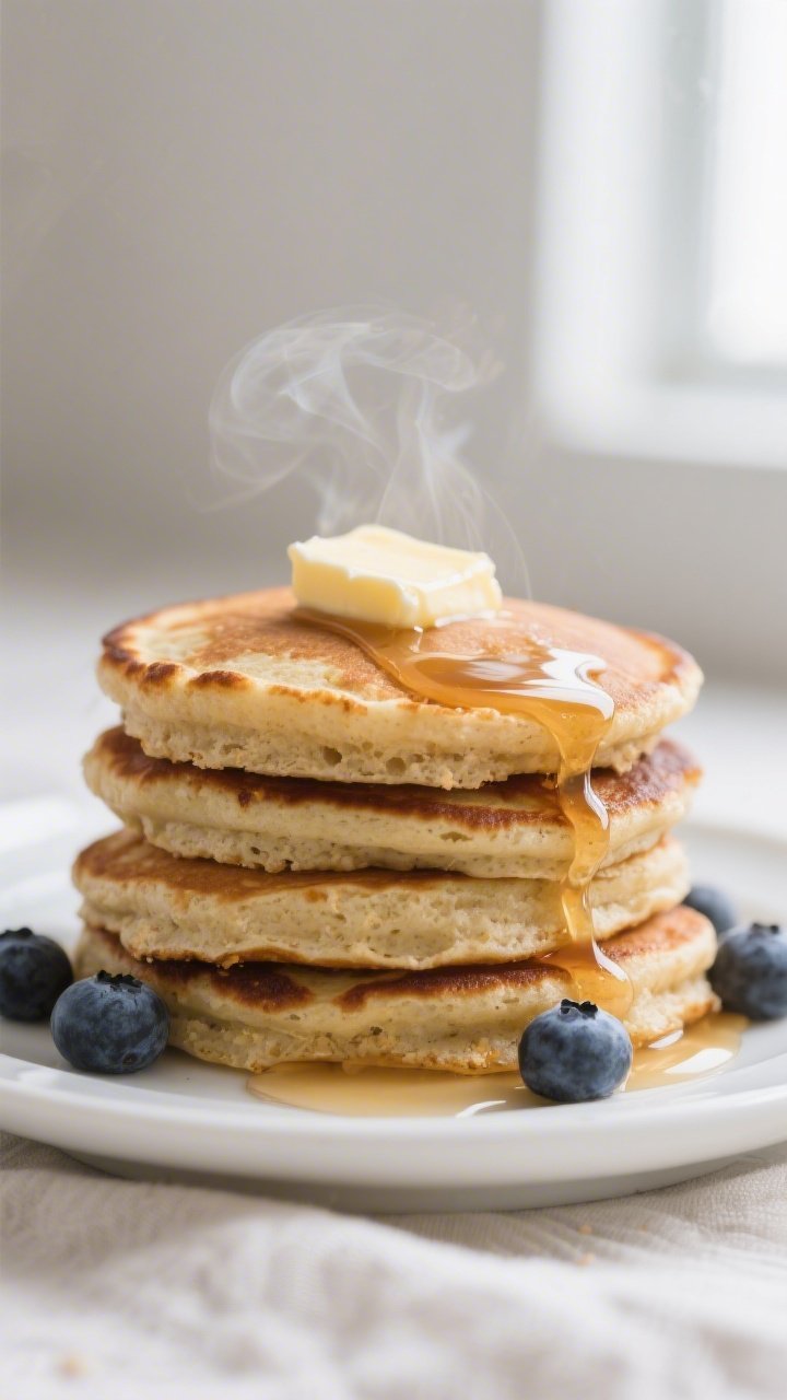 Close-up detail: A stack of 5-minute keto pancakes cooked golden-brown with crisped edges and a fluf