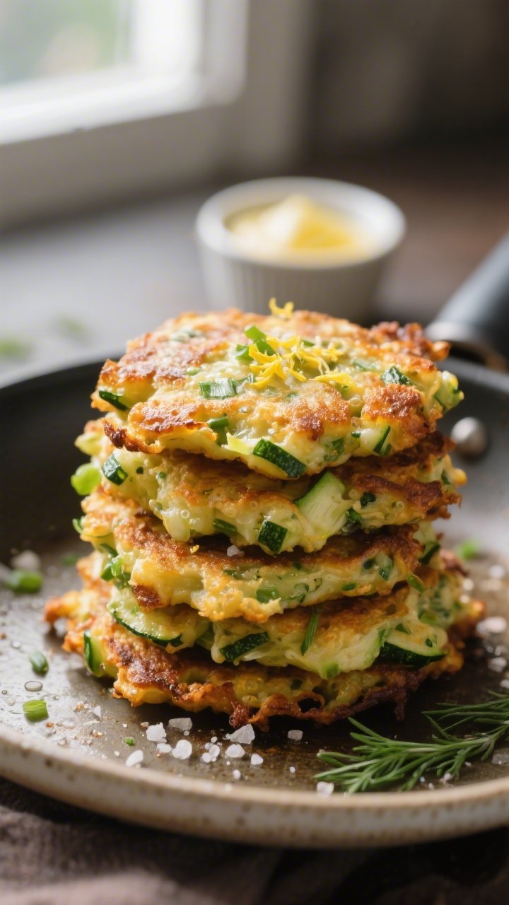 Close-up detail: A stack of golden-brown keto zucchini fritters just off the skillet, edges deeply c