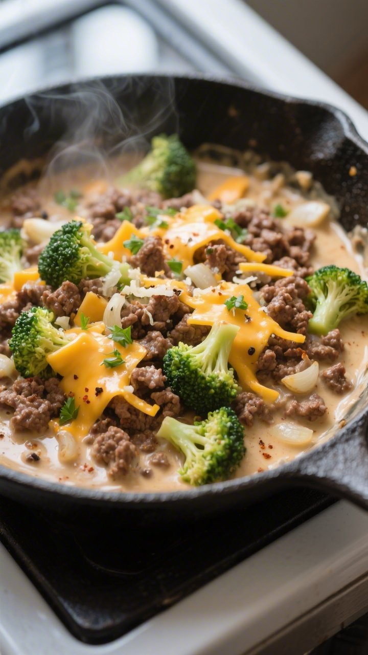 Close-up detail: A steaming, creamy tangle of browned ground beef and crisp-tender broccoli florets 